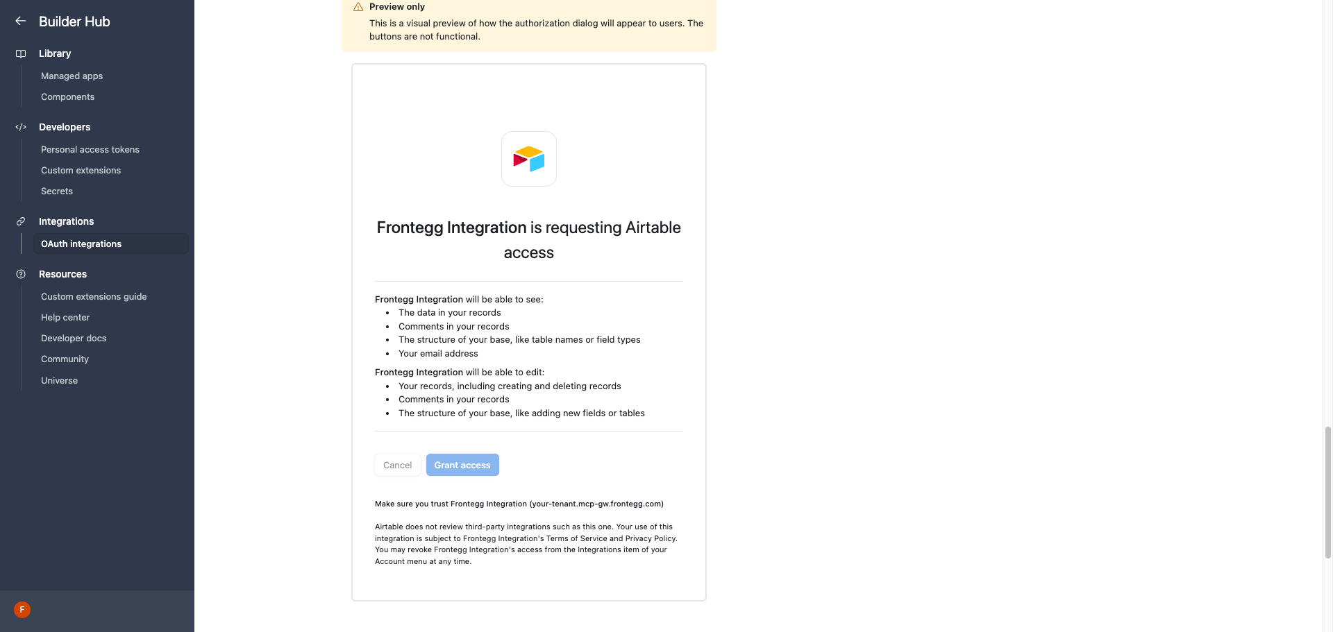 Airtable authorization dialog preview