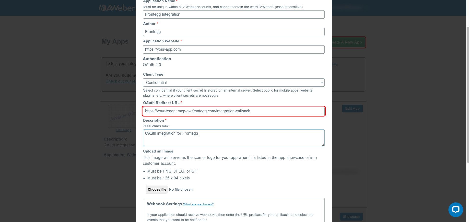AWeber Create A New App form with the OAuth Redirect URL highlighted