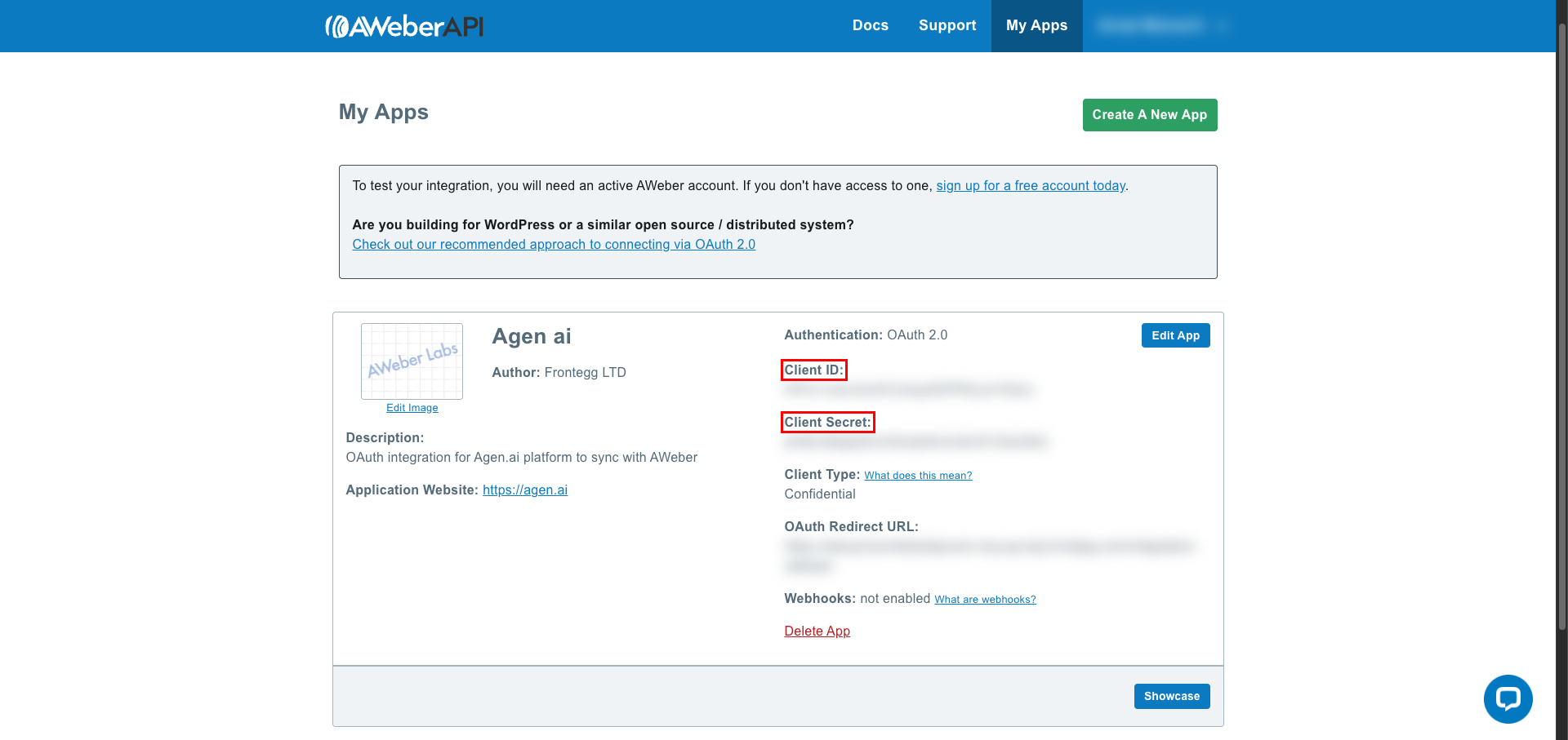 AWeber app credentials showing Client ID and Client Secret