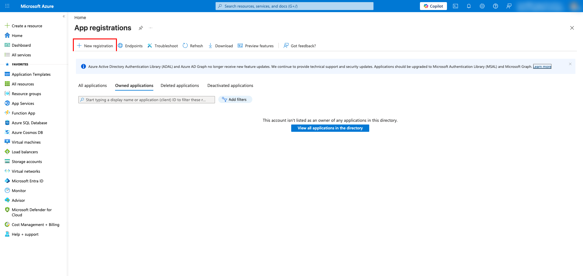 App registrations page in Azure portal
