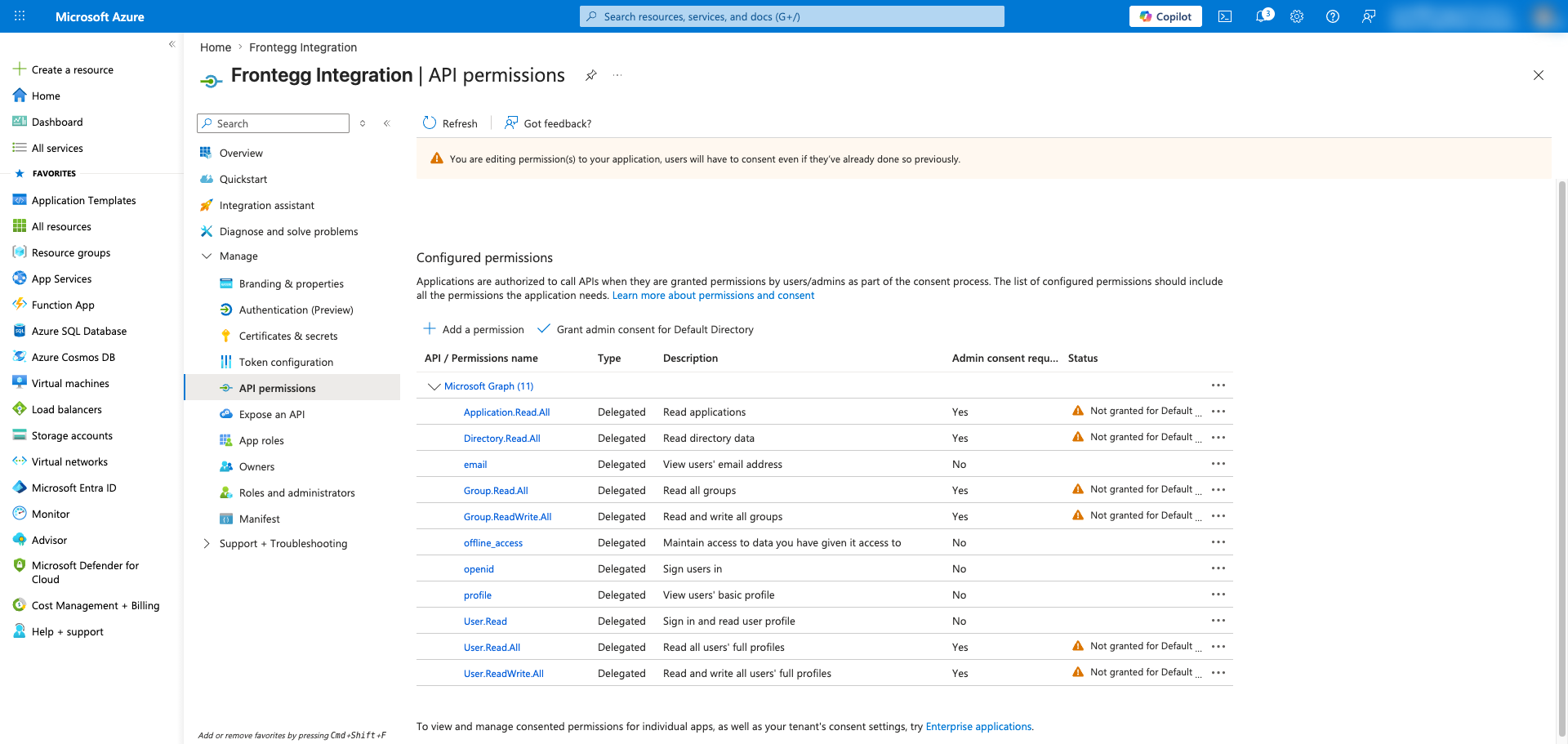API permissions page showing all configured Microsoft Graph permissions