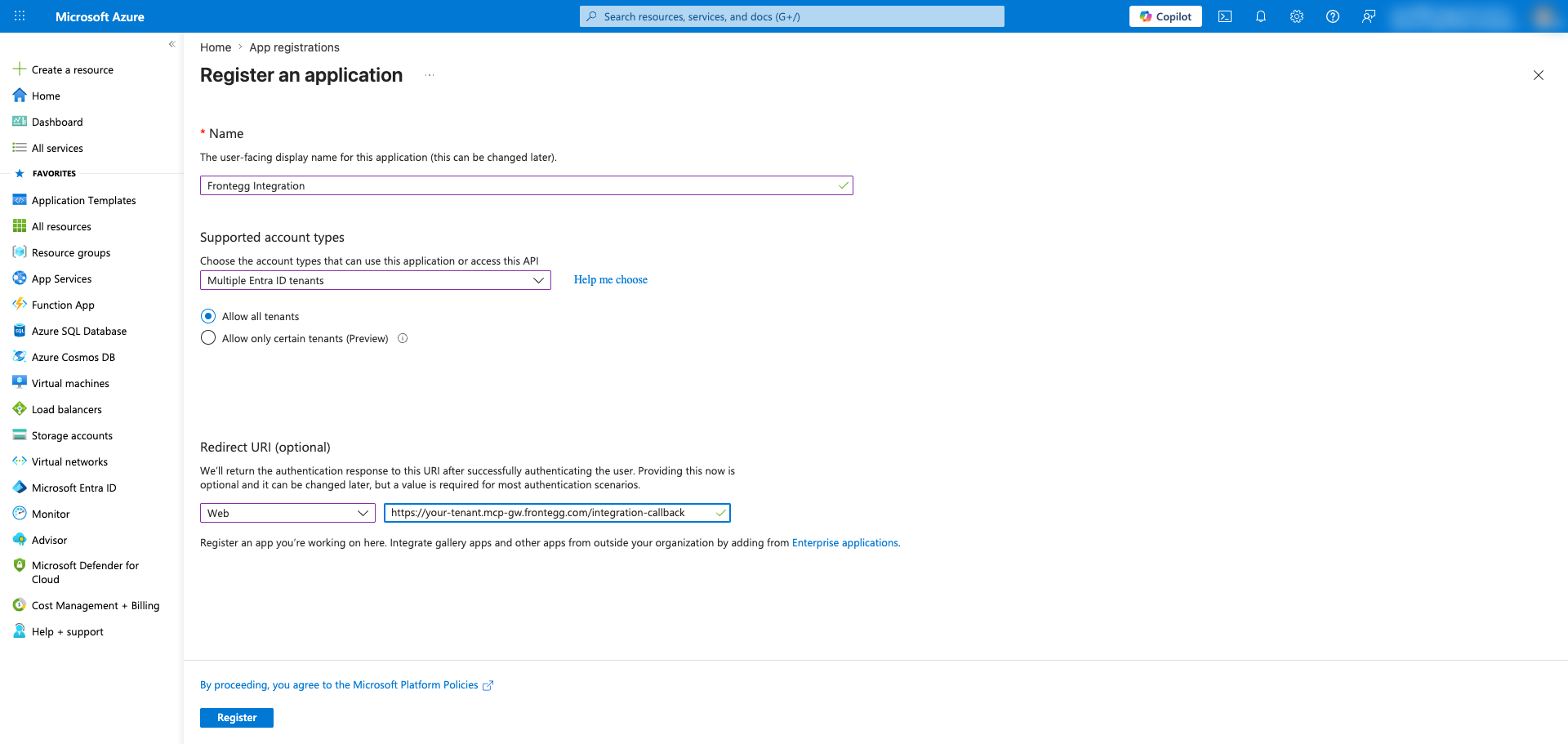 New application registration form with name, multitenant account type, Web platform, and redirect URI filled in