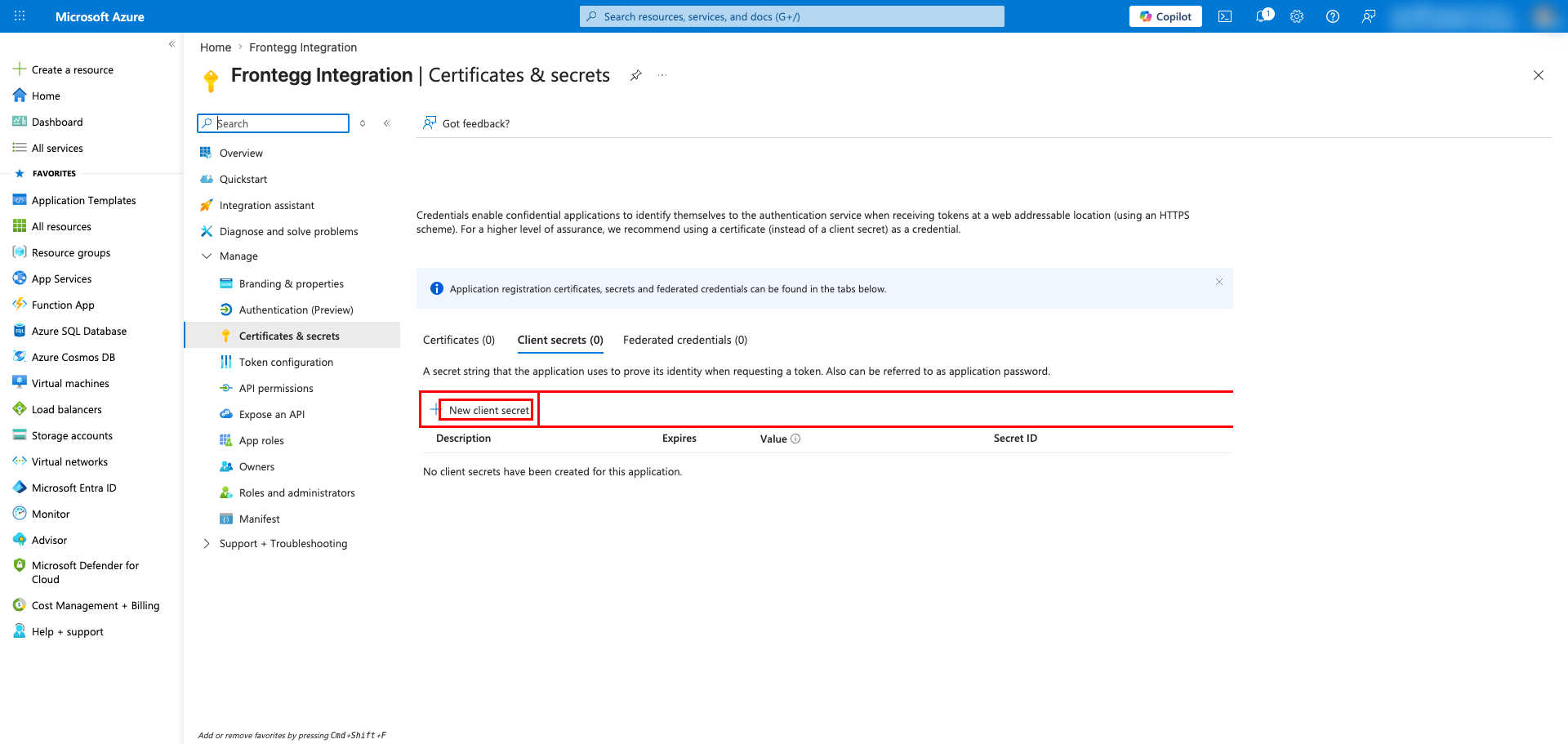 Certificates and secrets page with New client secret button highlighted