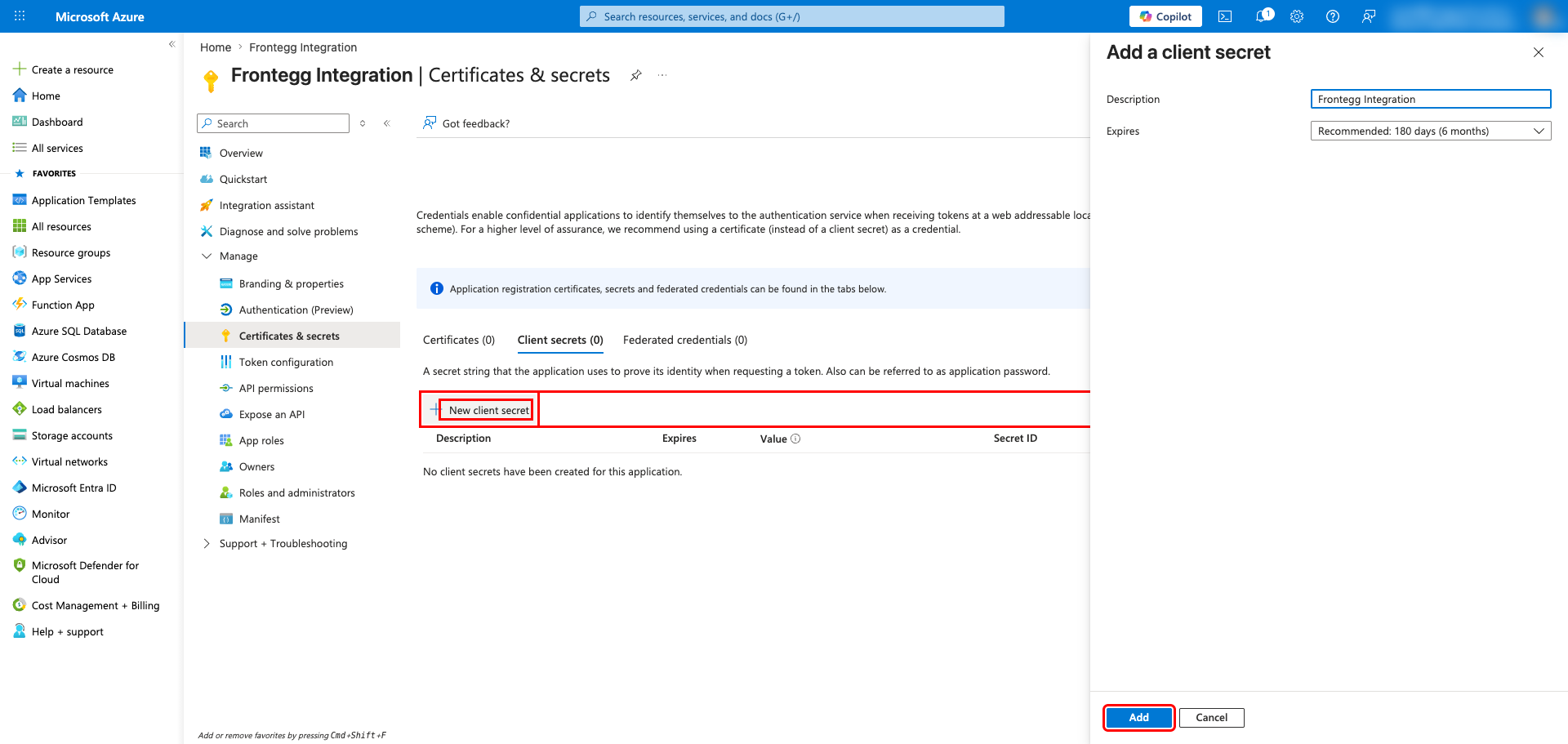 Add a client secret panel with description field filled in and Add button highlighted