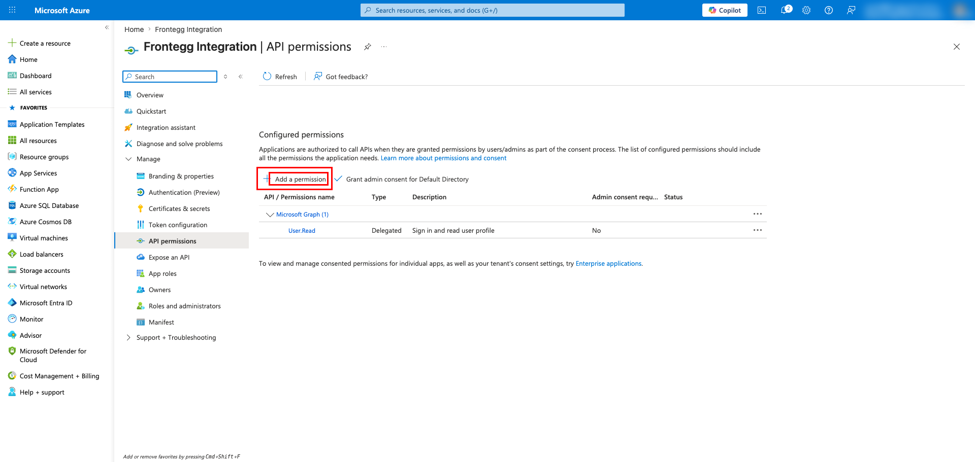 API permissions page with Add a permission button highlighted