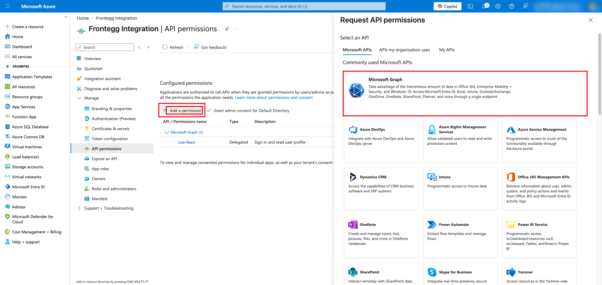 Request API permissions panel with Microsoft Graph highlighted