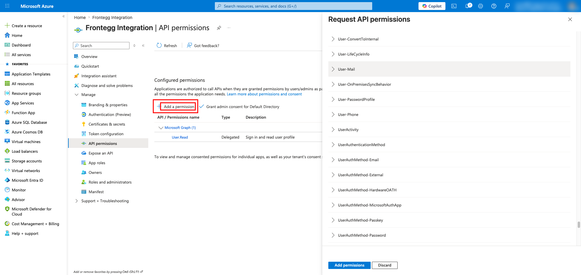 Delegated permissions list with selected Microsoft Graph scopes