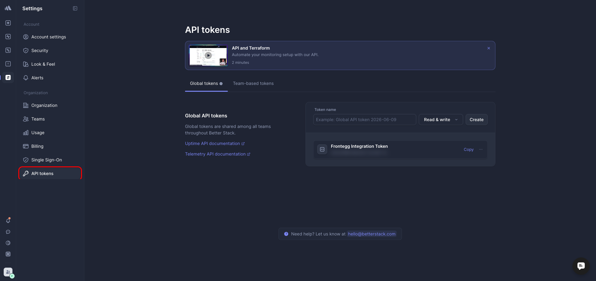 Better Uptime API tokens page