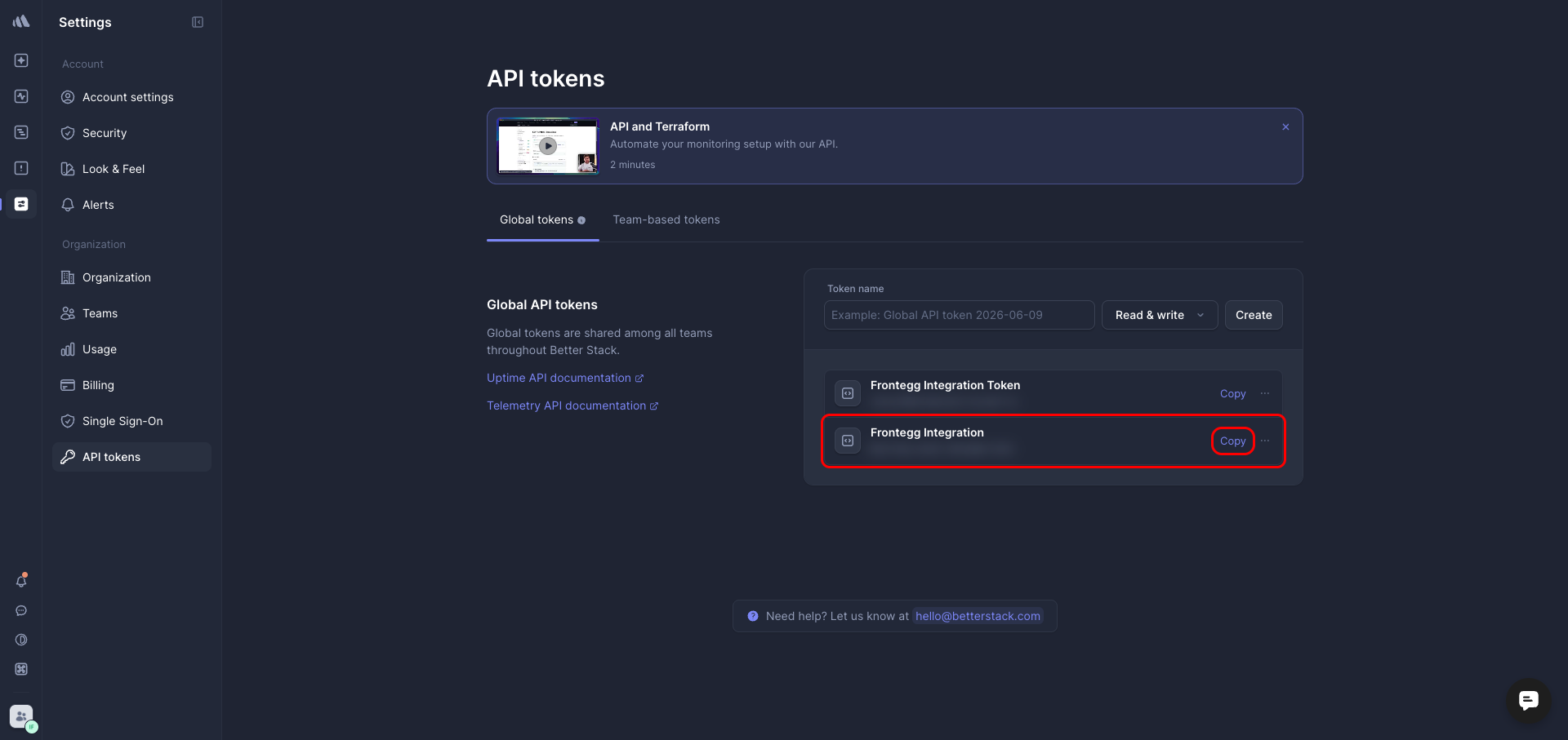 Copy the Better Uptime API token