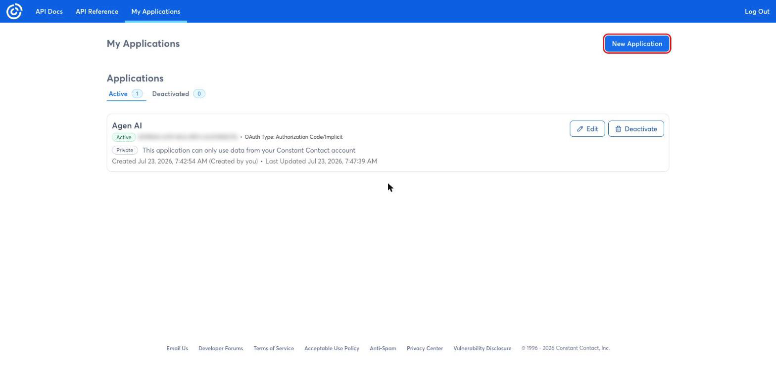 Constant Contact My Applications page with the New Application button