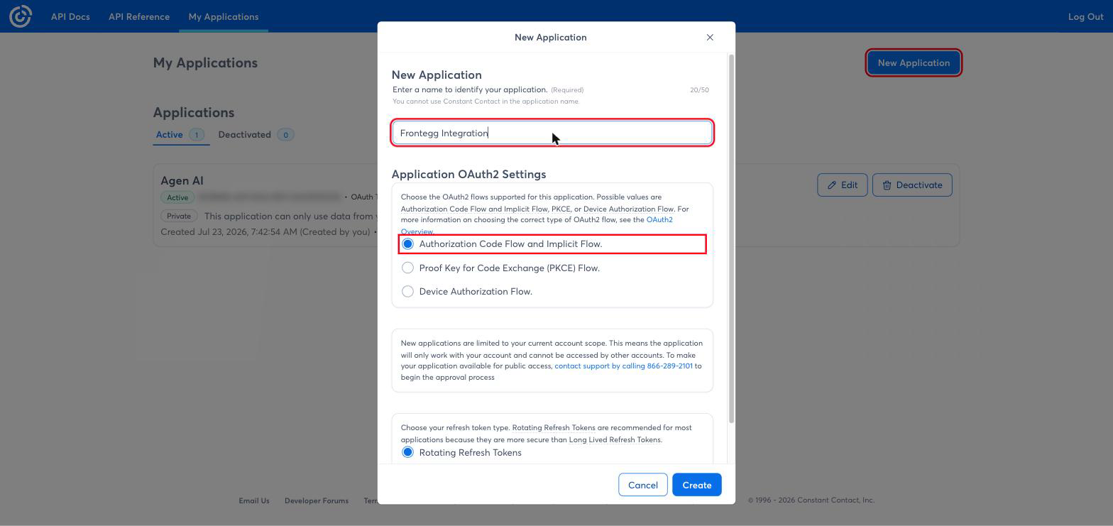 Constant Contact New Application dialog with a name and Authorization Code Flow selected