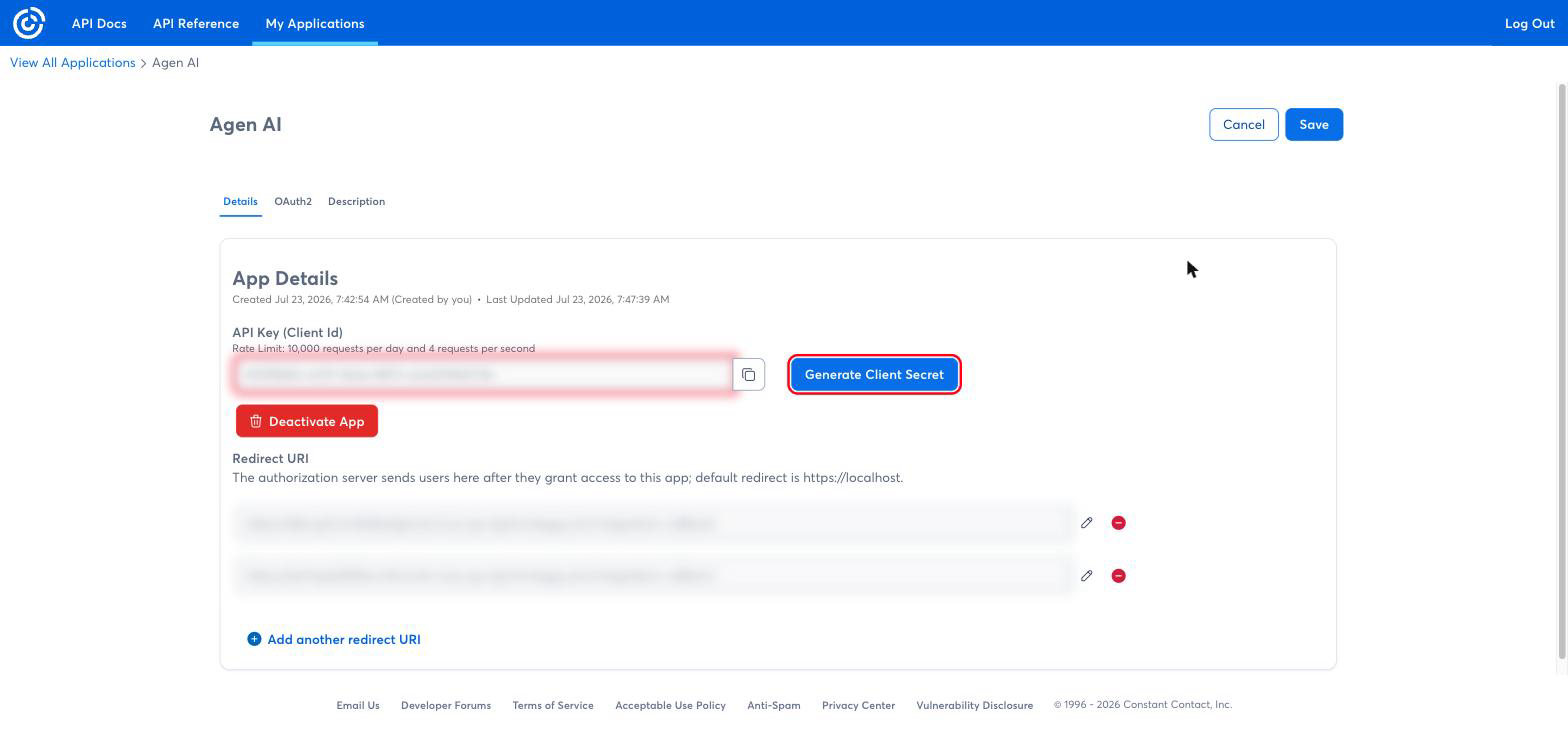 Constant Contact application details showing the API Key, Generate Client Secret button, and Redirect URI fields
