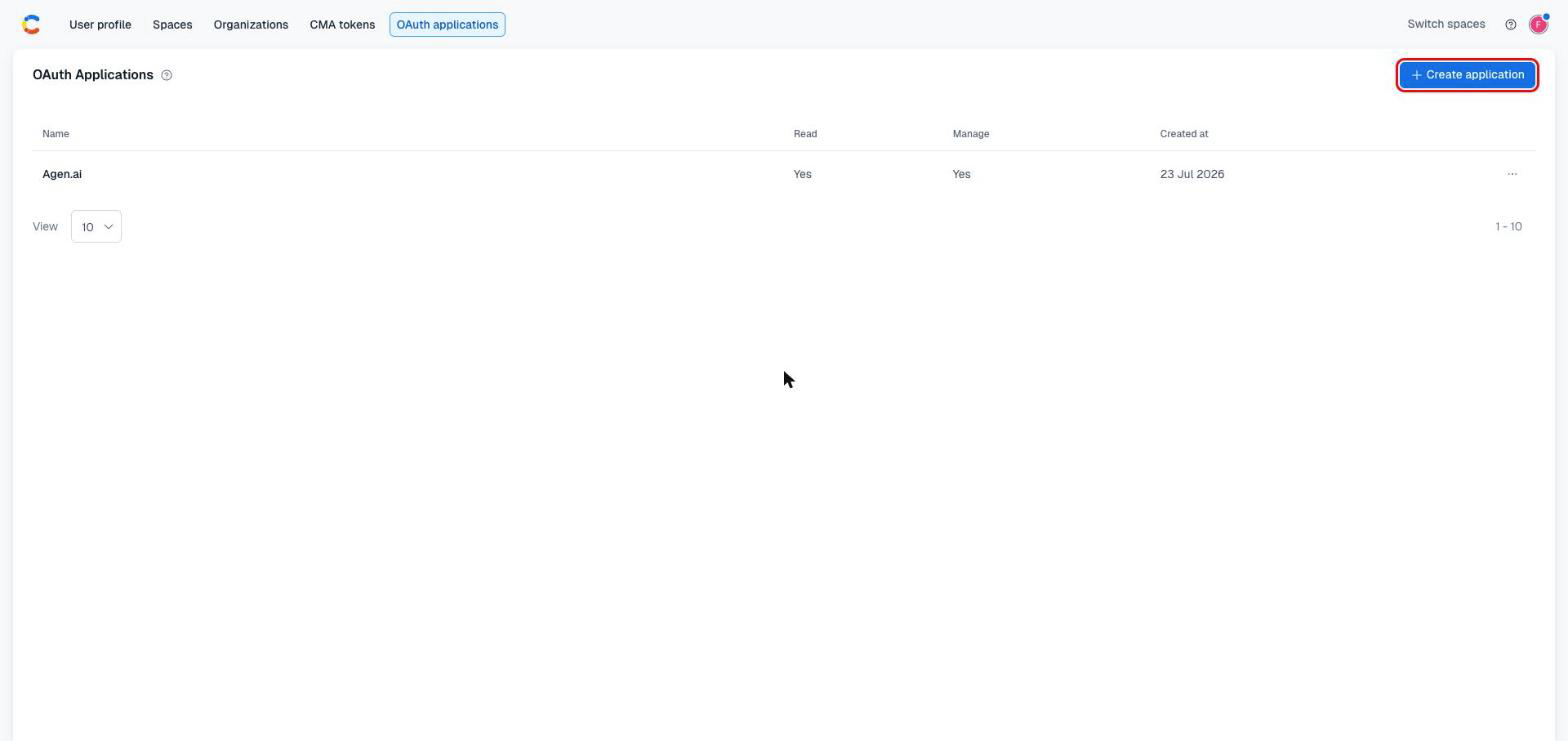 Contentful OAuth Applications page with the Create application button
