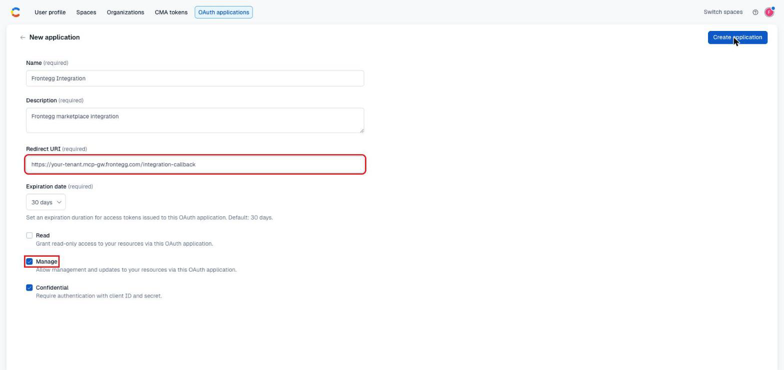 Contentful New application form with the Redirect URI and Manage scope highlighted