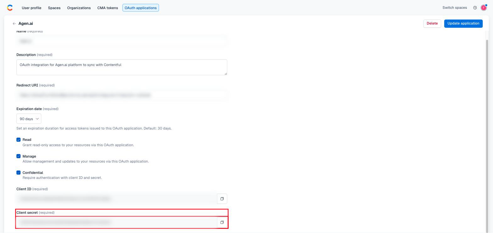 Contentful application details showing the Client ID and Client Secret