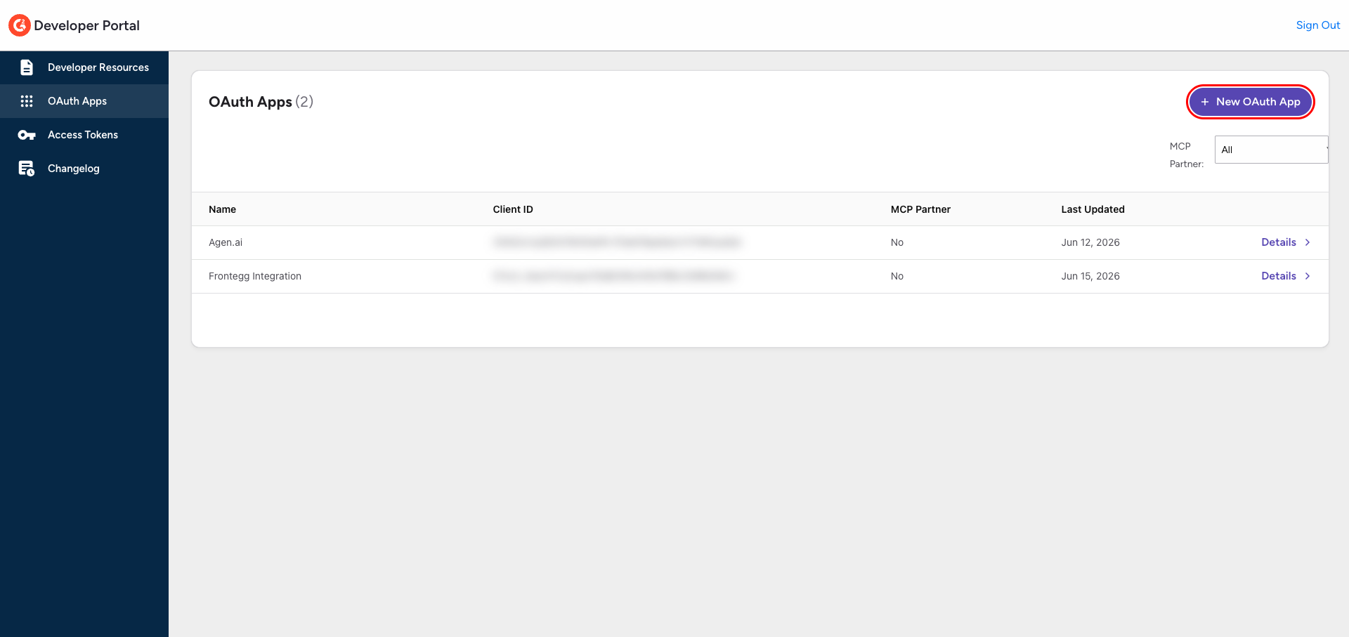 G2 Developer Portal OAuth Apps page with the New OAuth App button