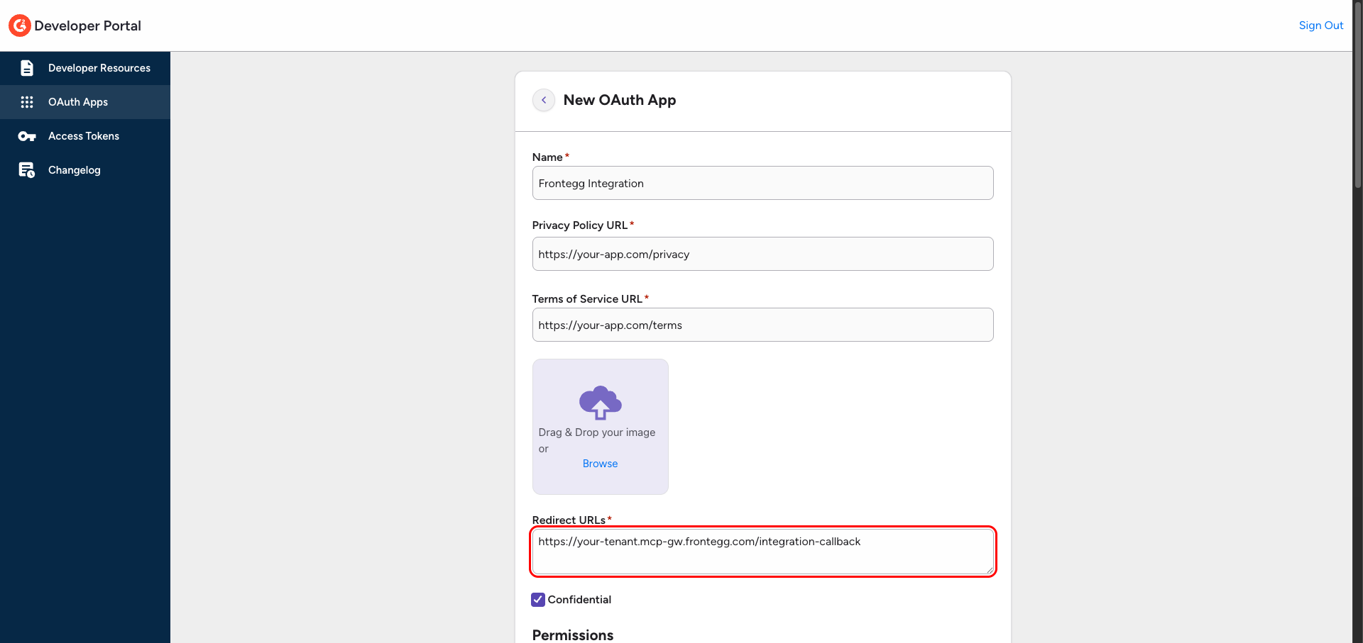 G2 New OAuth App form with the redirect URL highlighted