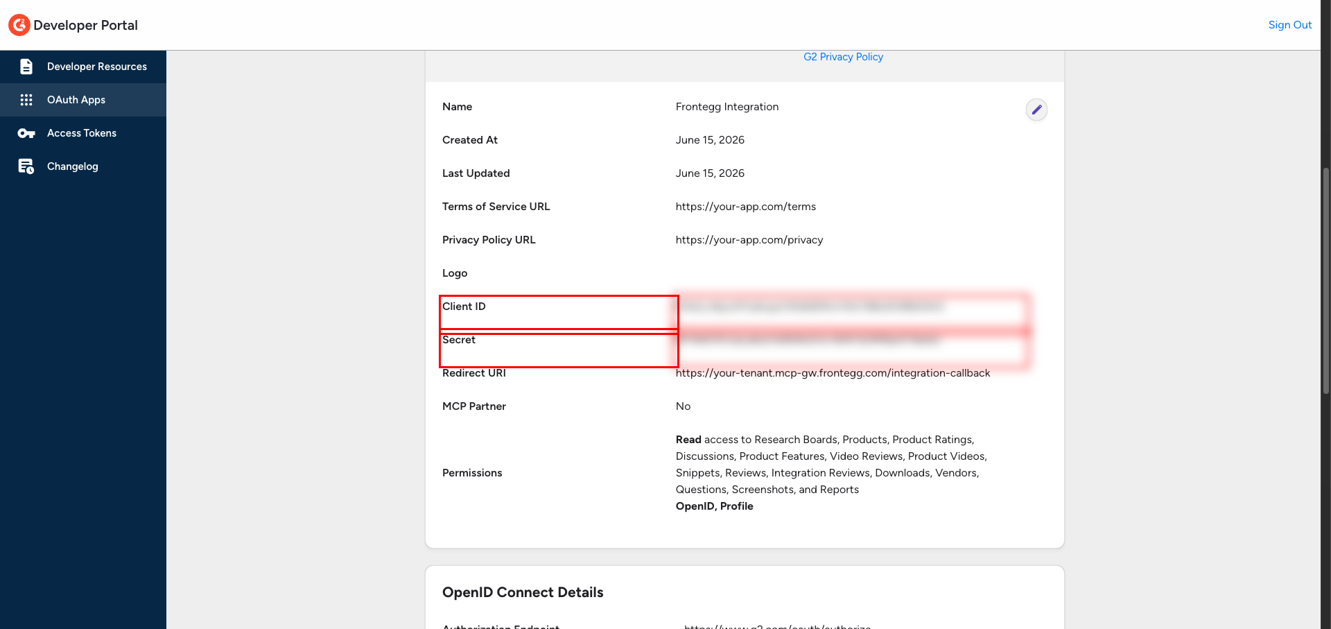 G2 OAuth app details showing the Client ID and Secret