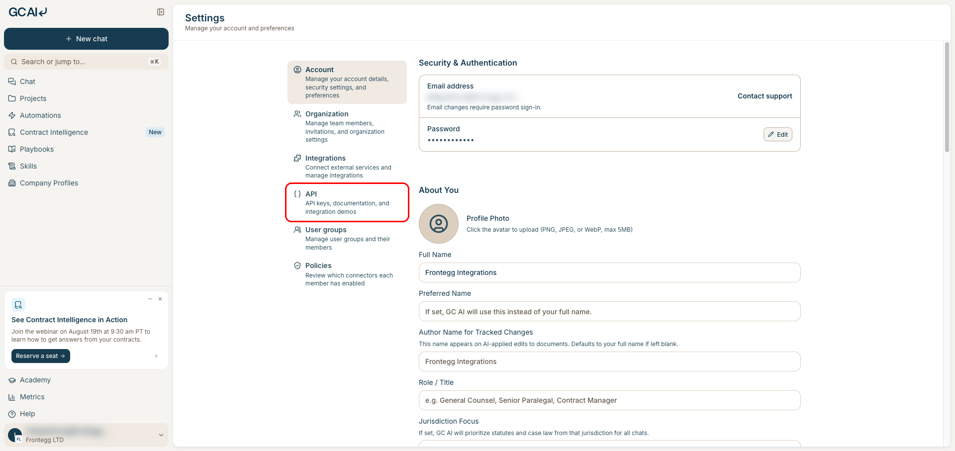 GC AI settings with the API section highlighted