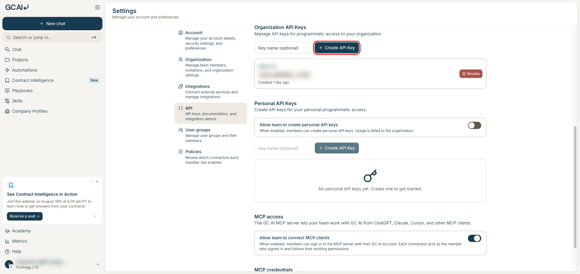 Organization API Keys section with the Create API Key button highlighted