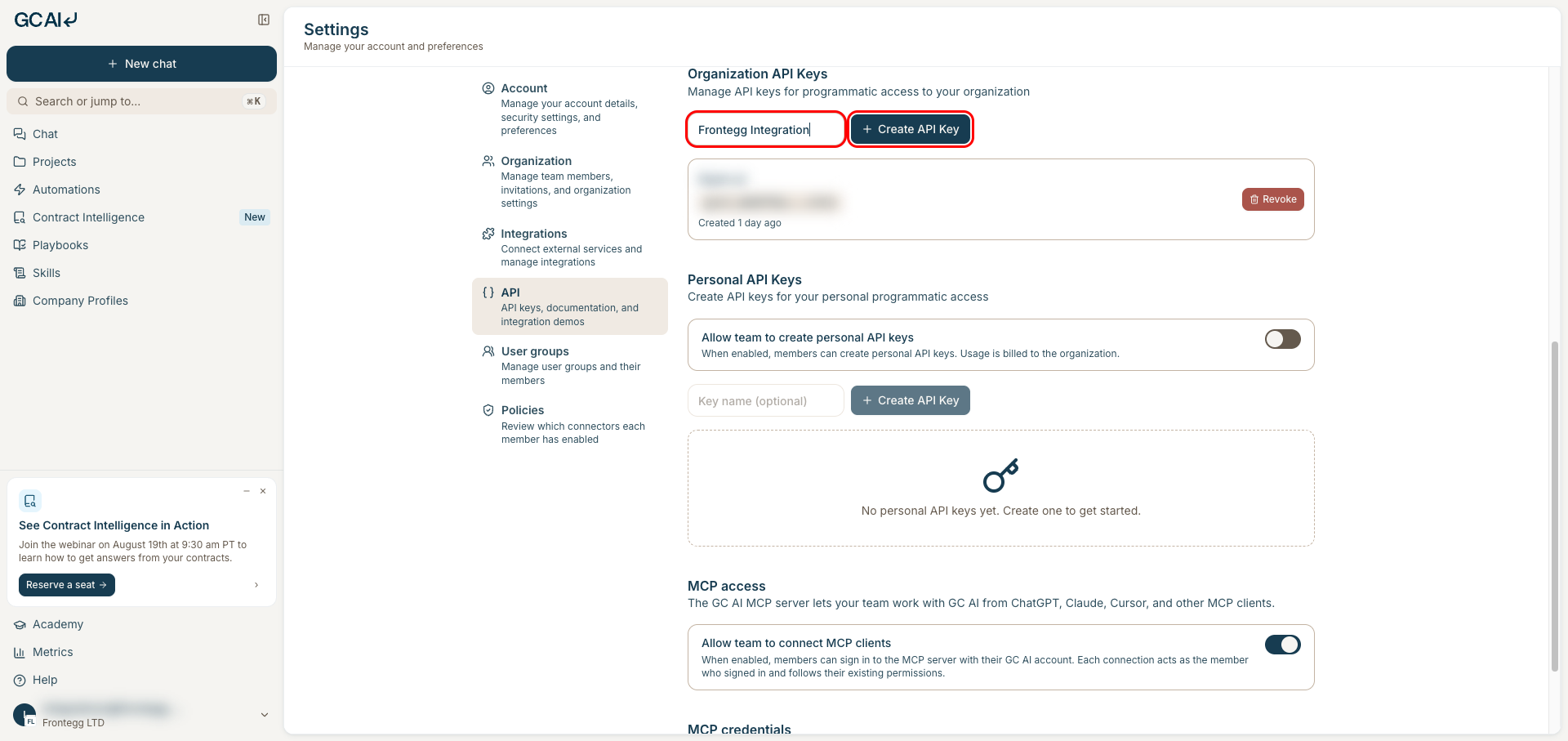 Key name field filled in with Frontegg Integration