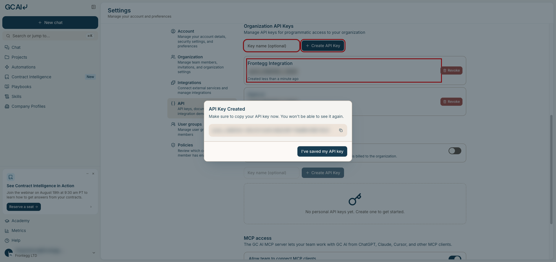 API Key Created dialog with the key value blurred