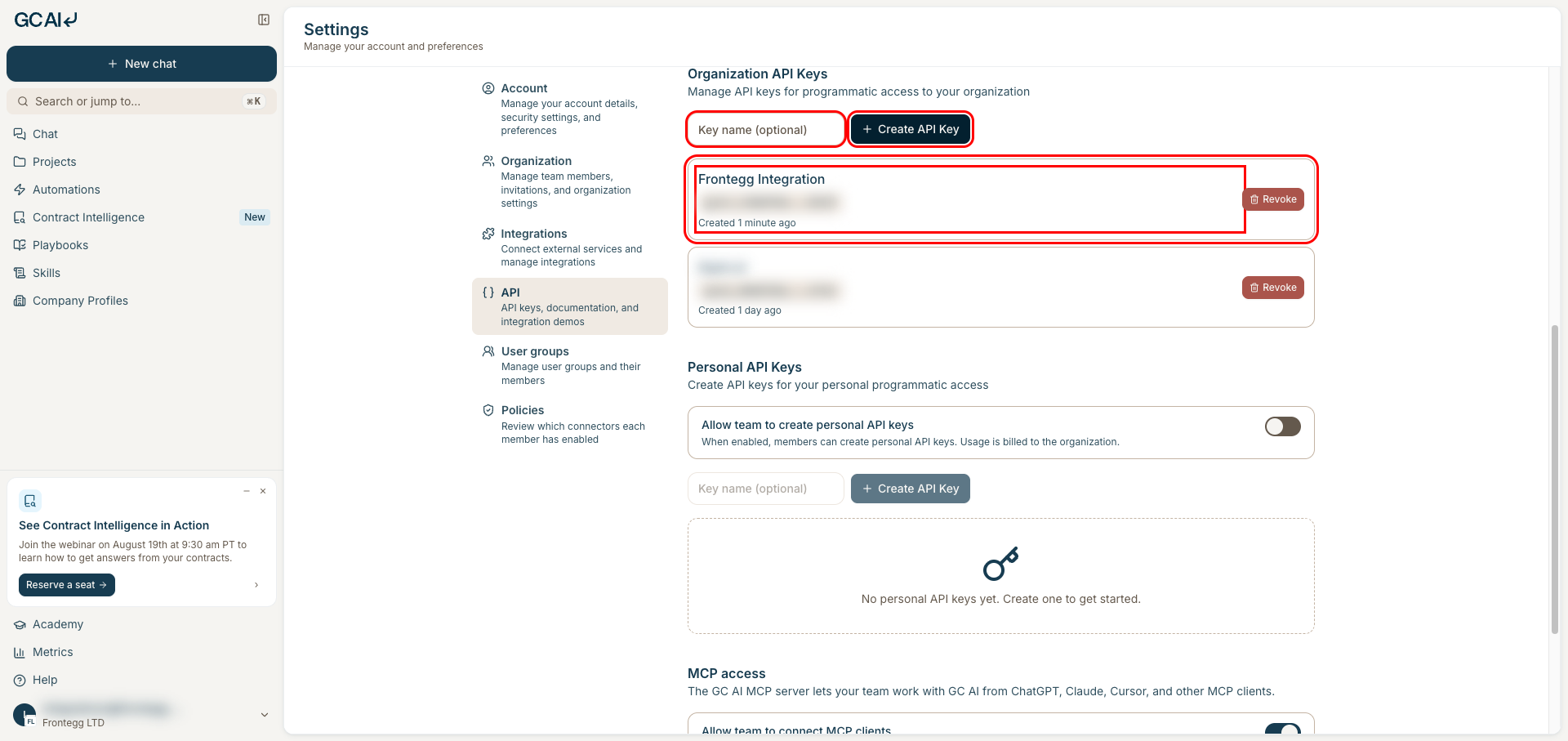 Organization API Keys list with the new key