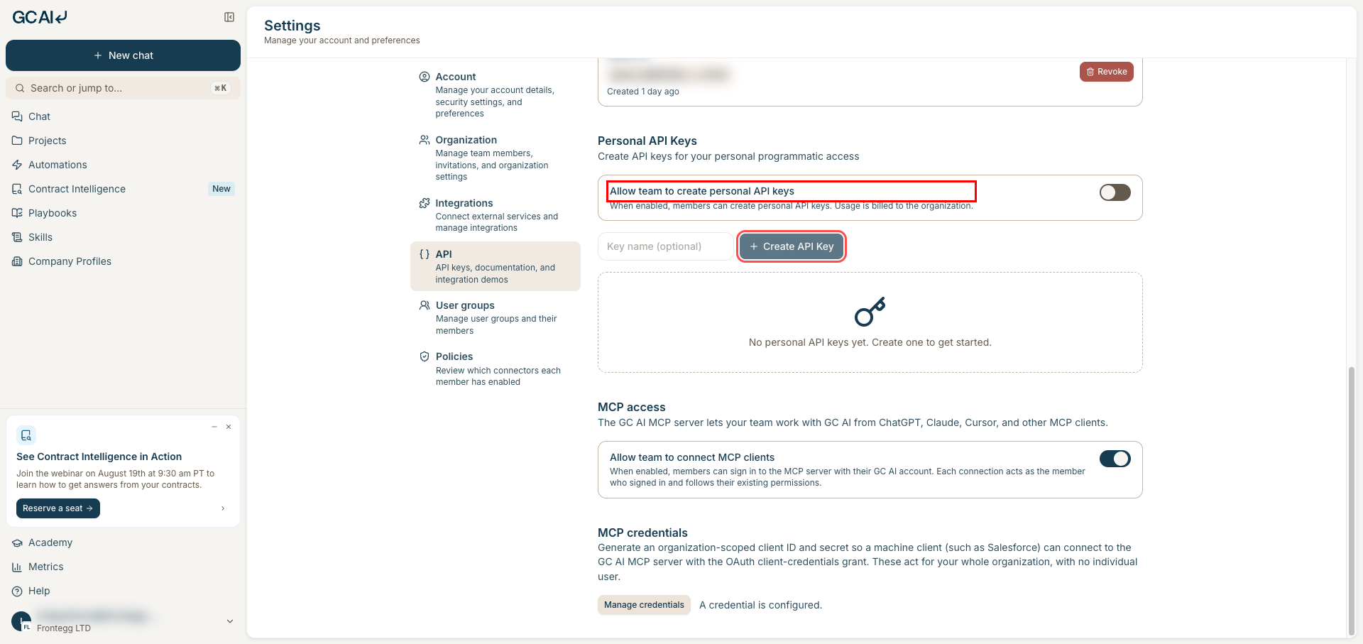 Personal API Keys section with the policy toggle and Create API Key button highlighted