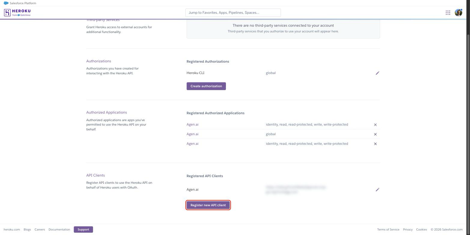 Heroku API Clients section with the Register new API client button