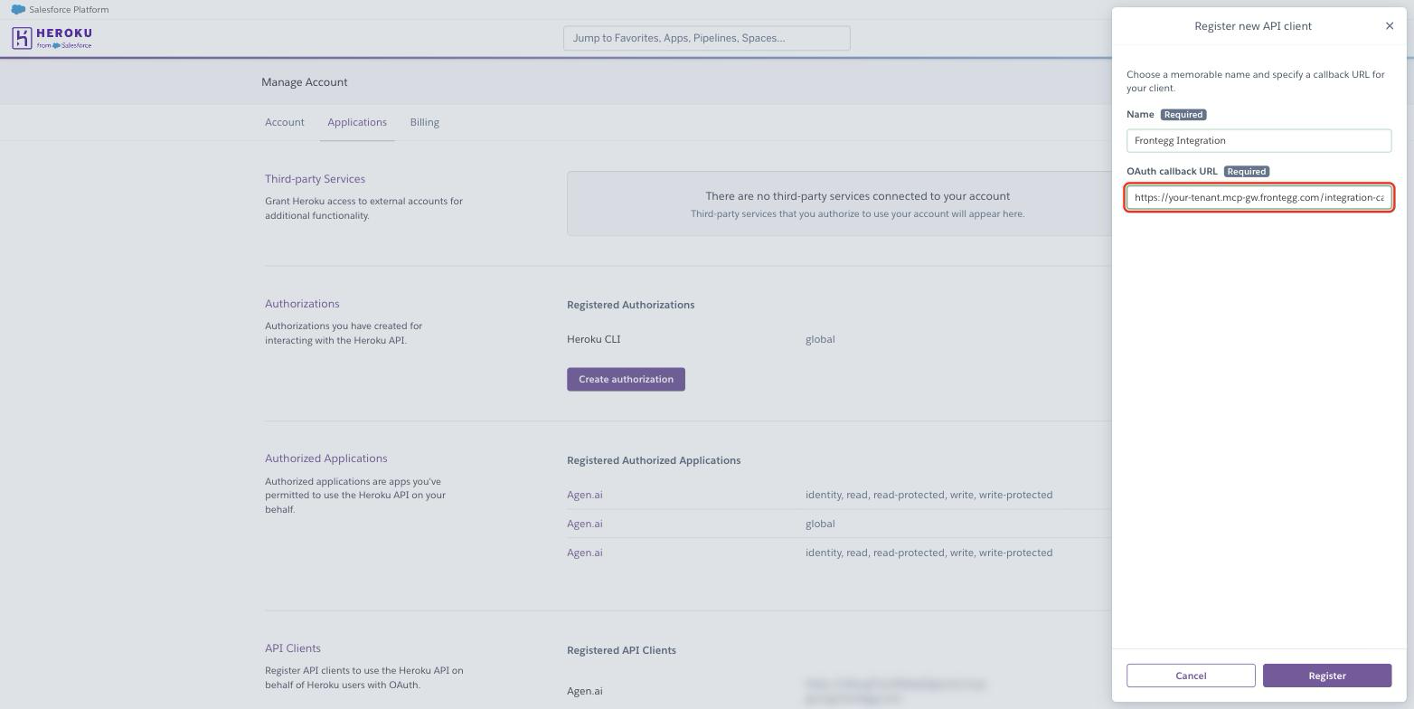 Heroku Register new API client panel with the OAuth callback URL highlighted