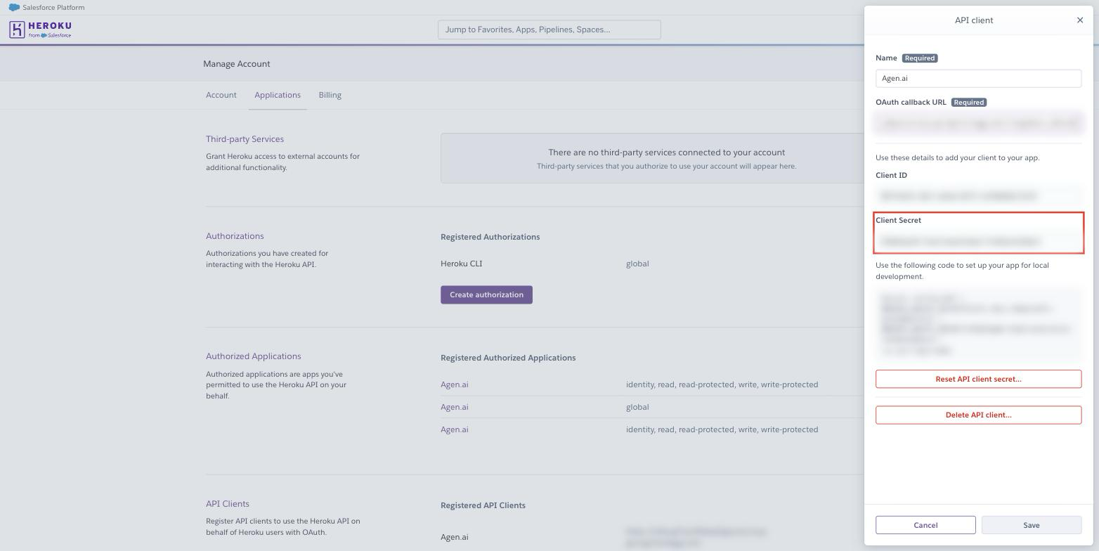 Heroku API client details showing the Client ID and Client Secret