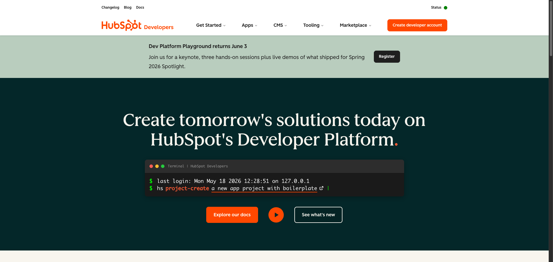 HubSpot developer portal homepage