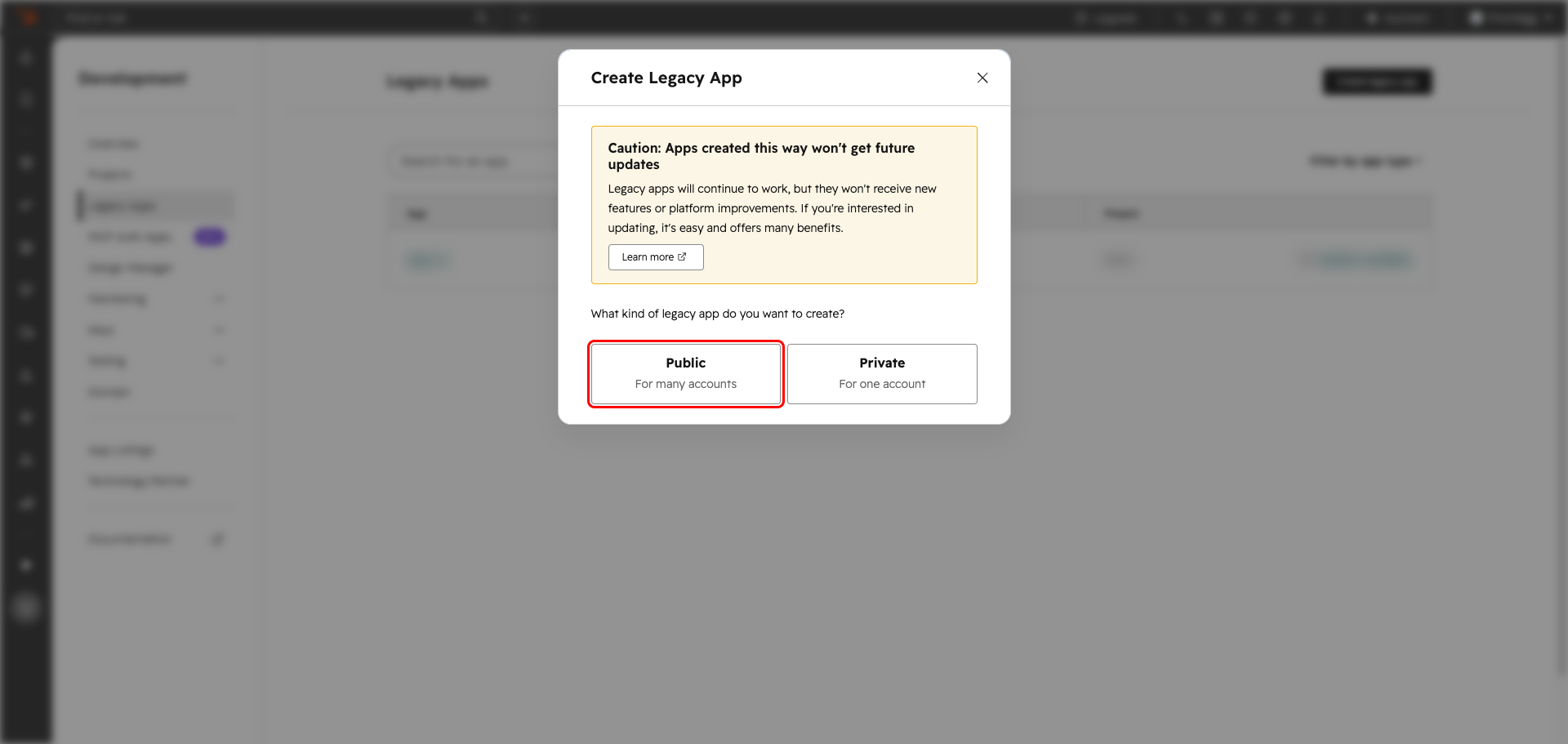 HubSpot Create Legacy App dialog