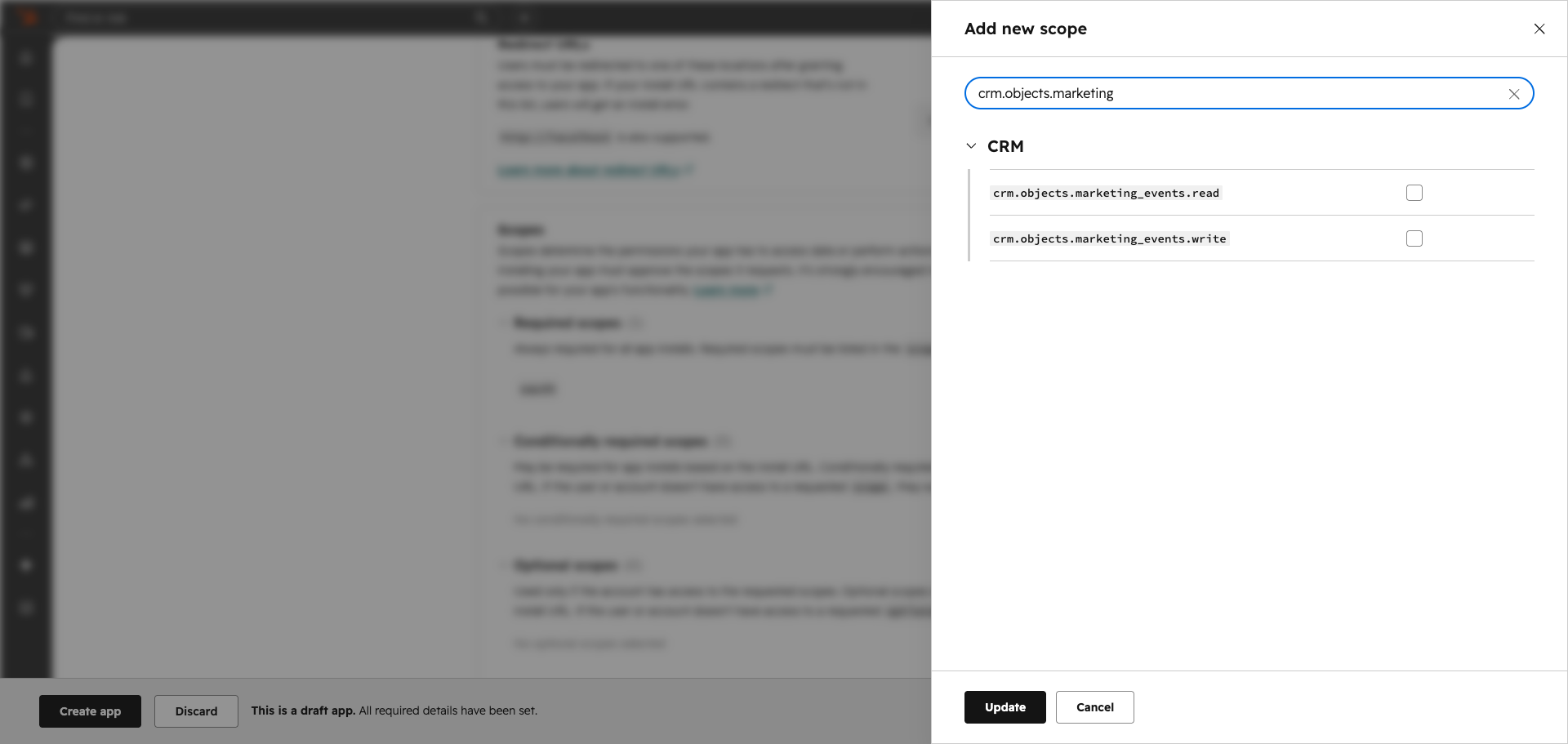 HubSpot scope picker