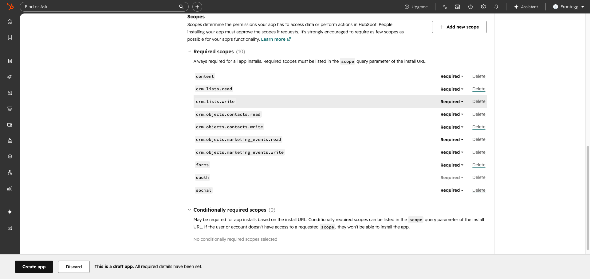 HubSpot scopes selected