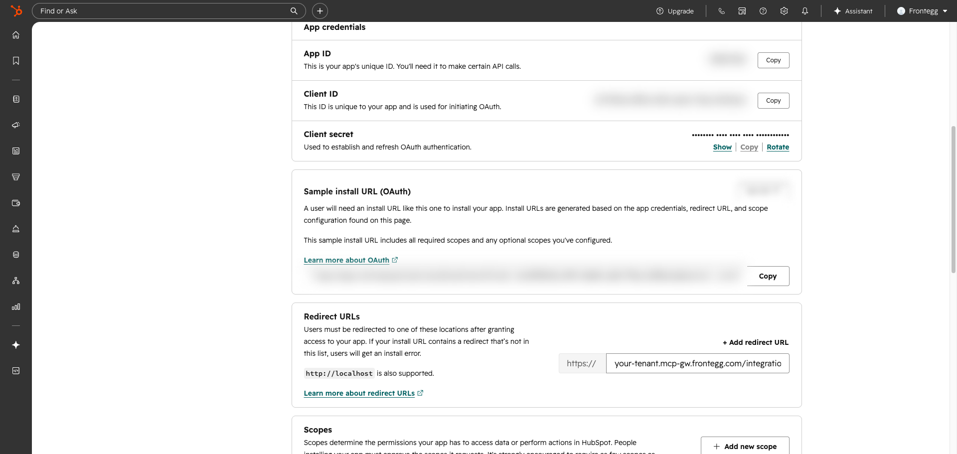 HubSpot app credentials page