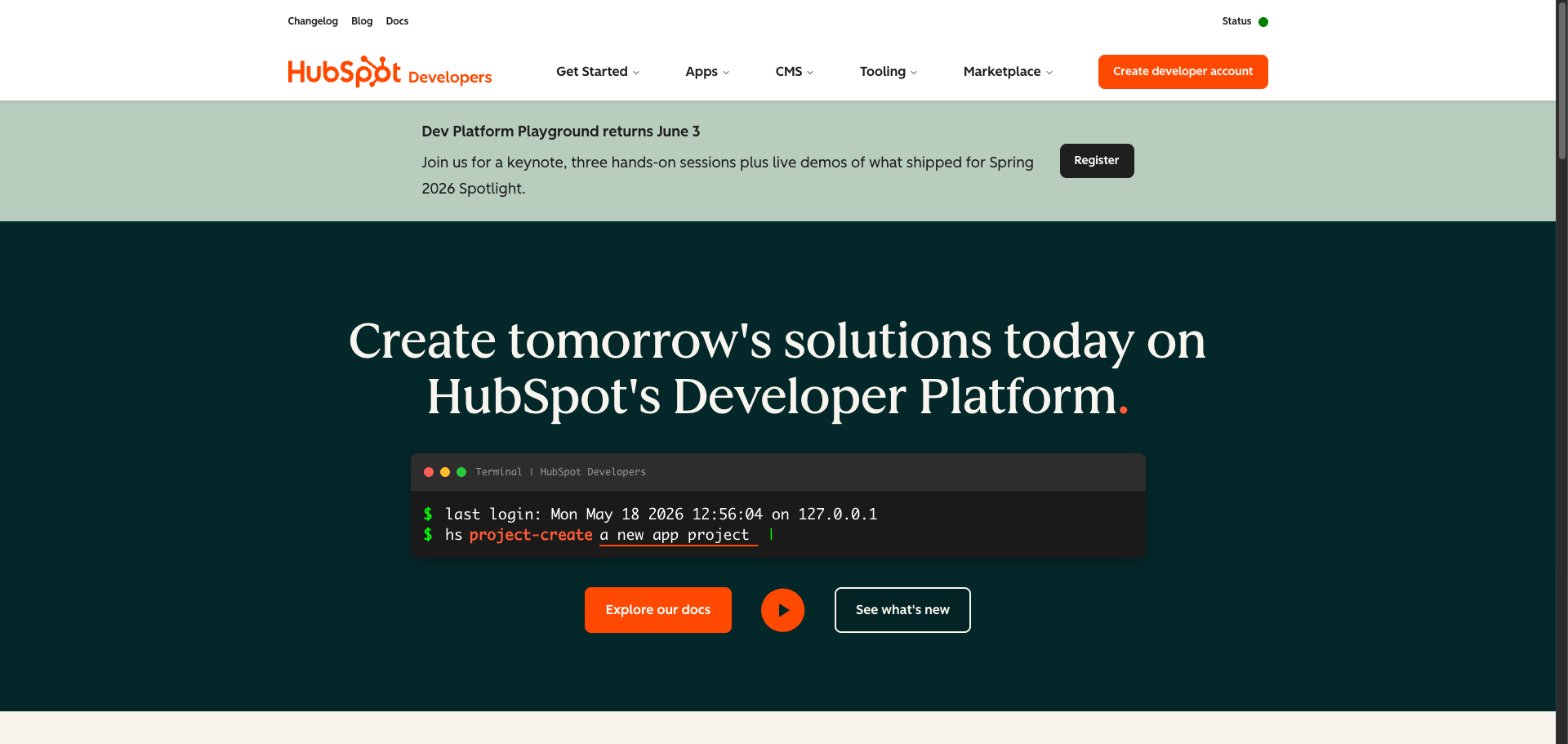 HubSpot developer portal homepage
