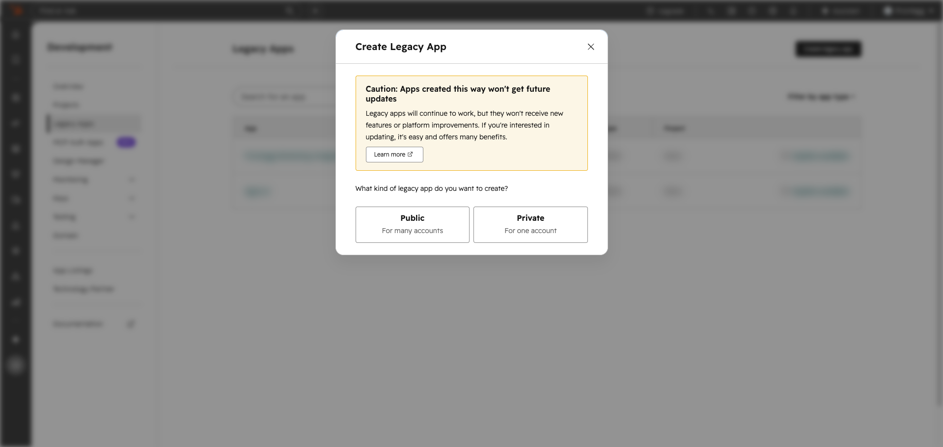 HubSpot Create Legacy App dialog