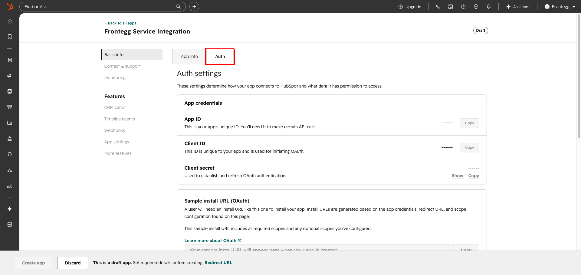 HubSpot Auth settings tab