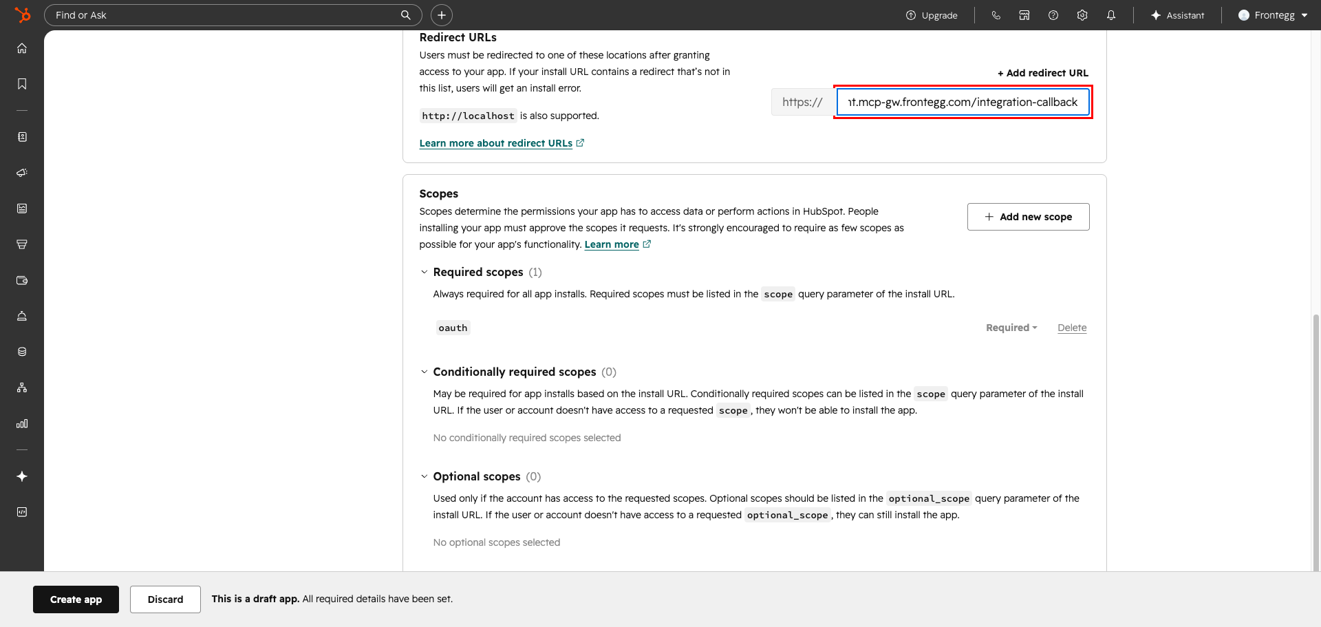 HubSpot redirect URL configuration