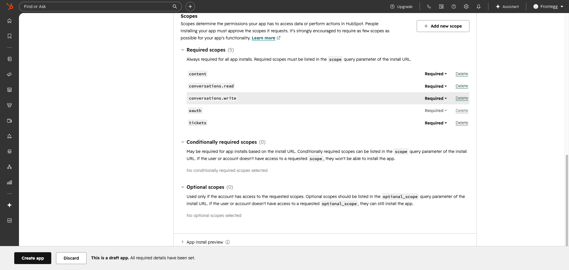 HubSpot scopes selected