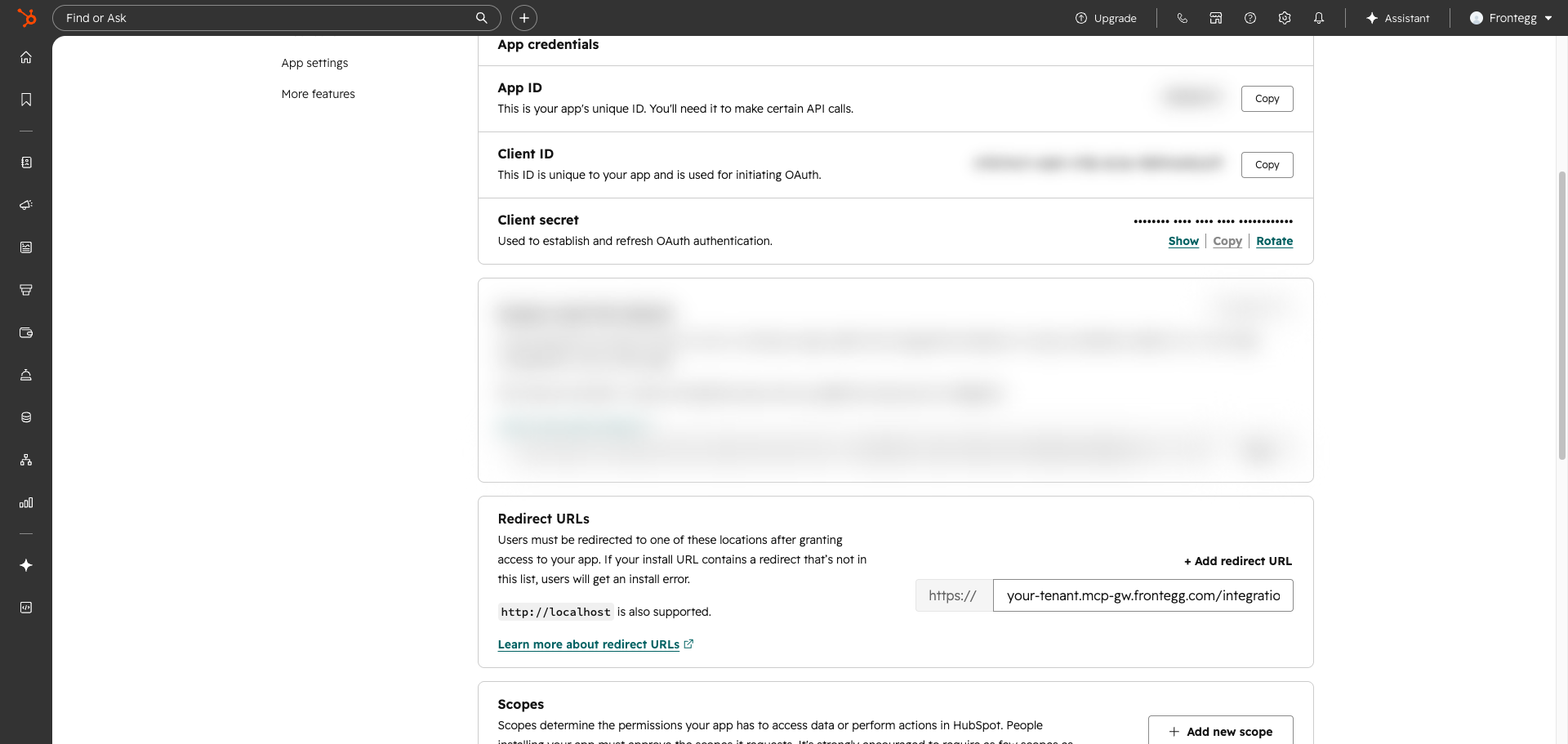 HubSpot app credentials page