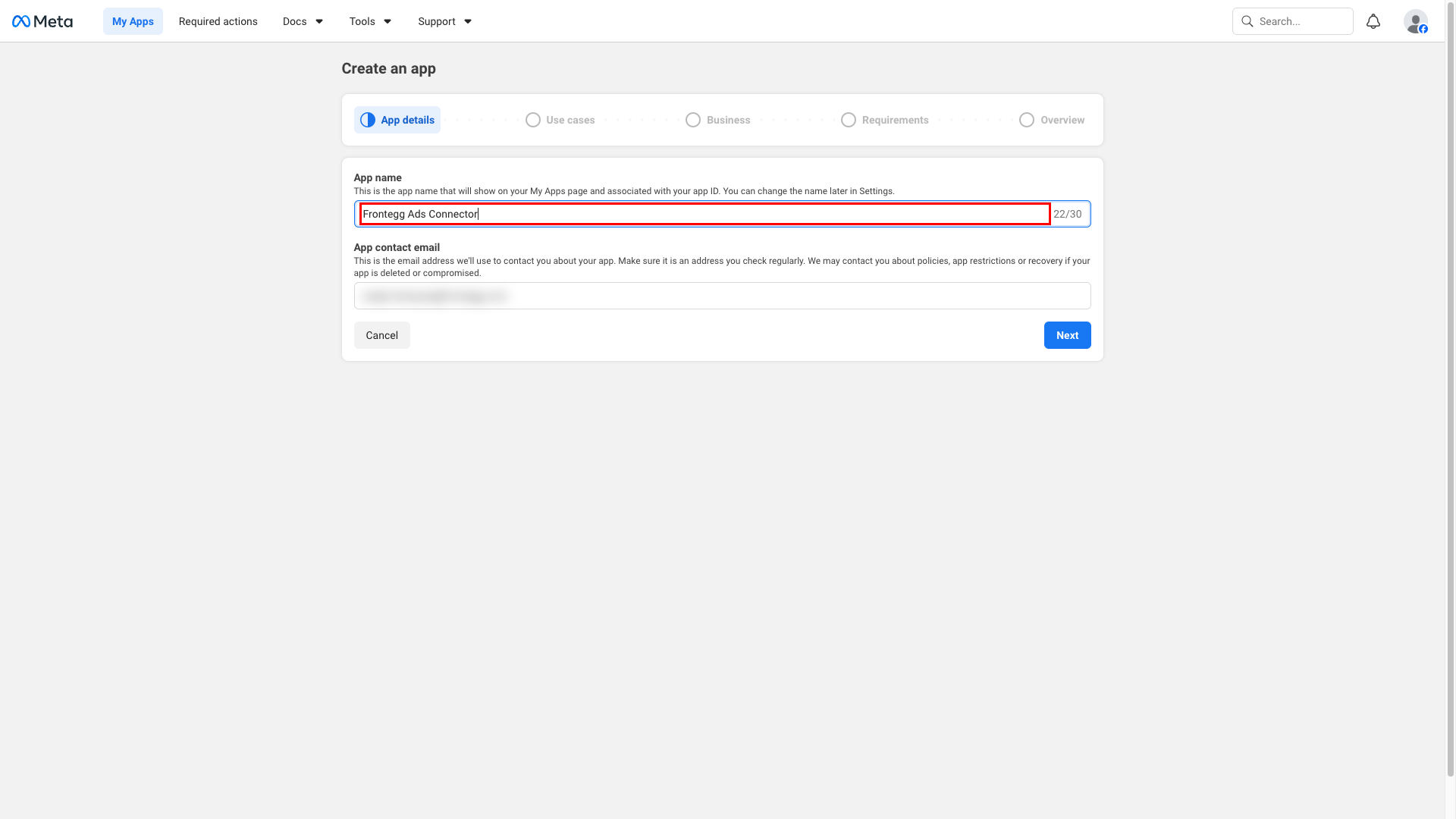 Meta app details step with the app name filled in