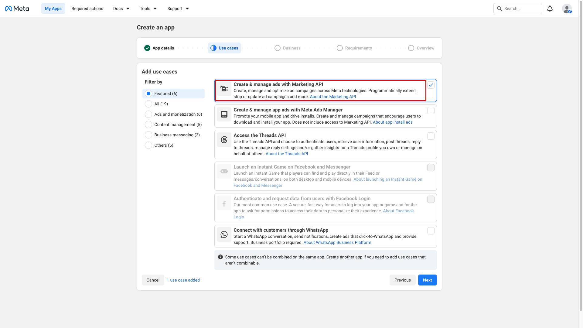 Use cases step with Create & manage ads with Marketing API selected
