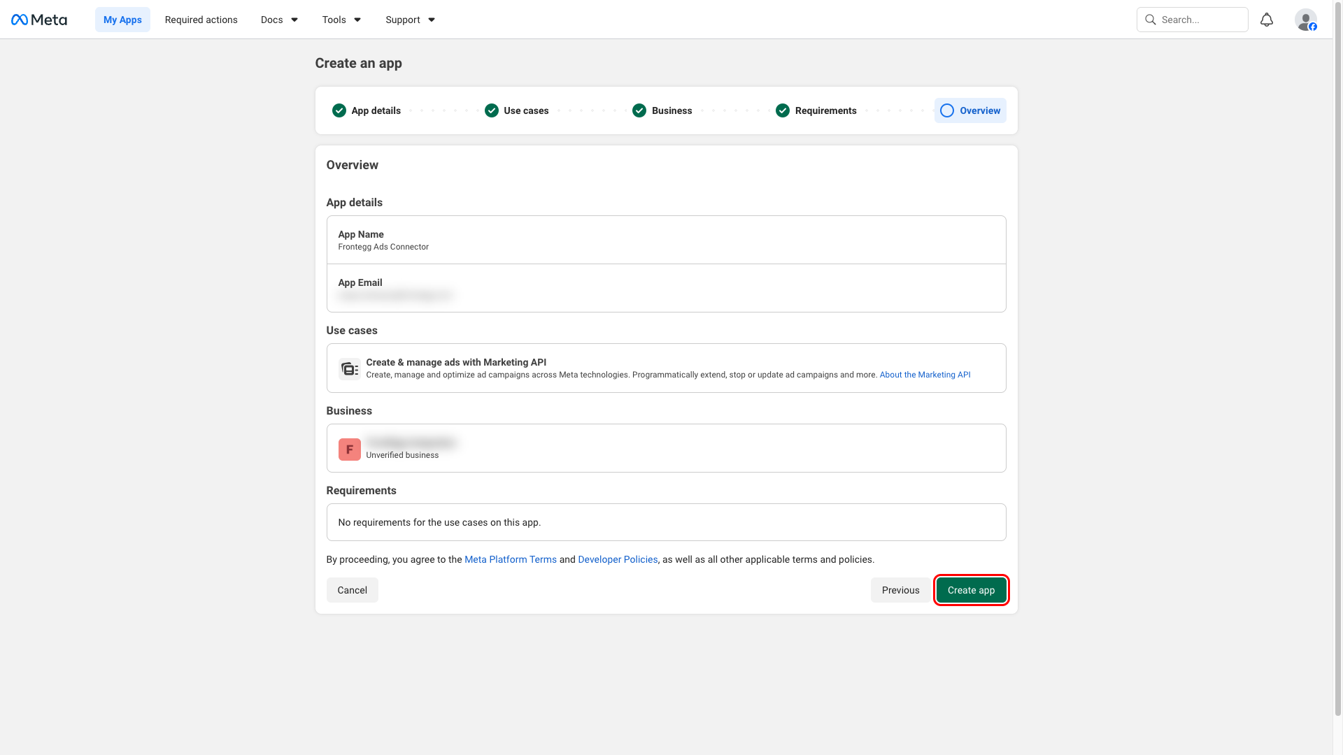 Overview step with Create app highlighted