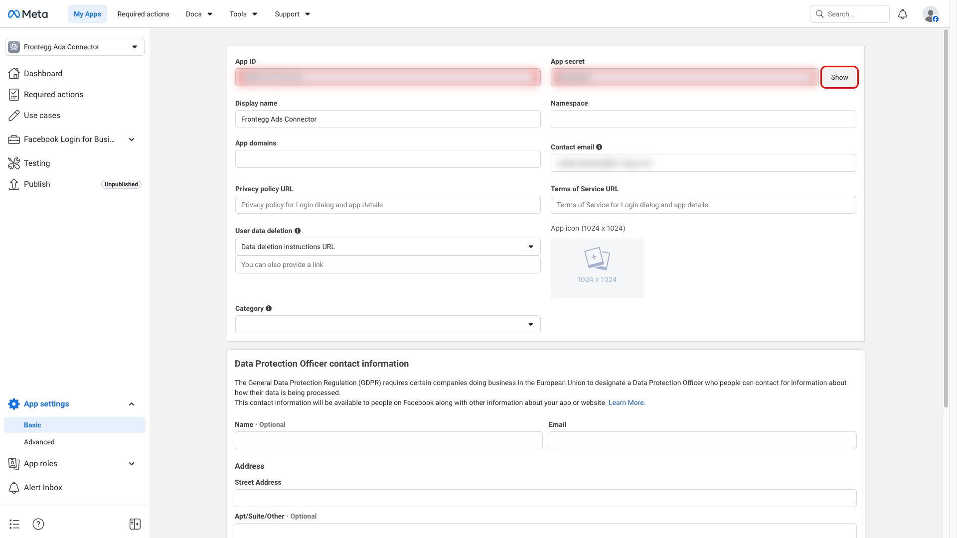 App settings Basic page with App ID and App secret