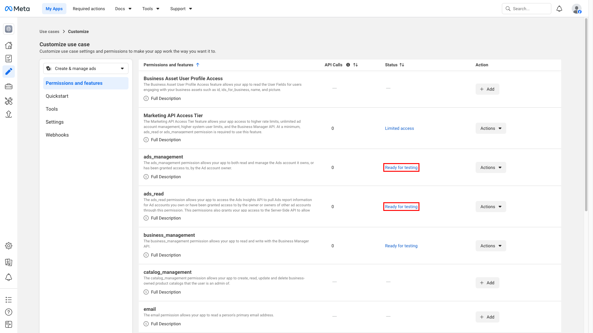 Permissions and features tab with ads_read and ads_management