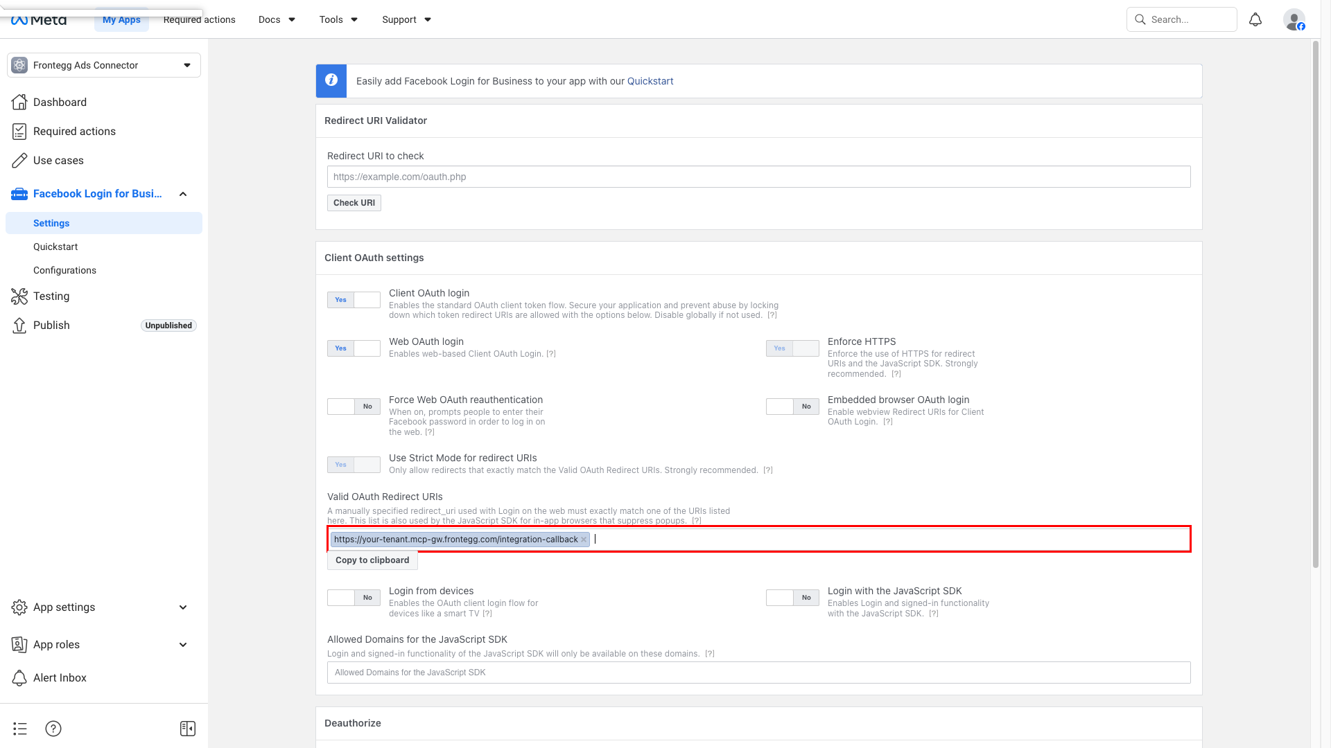 Facebook Login for Business settings with the redirect URI added