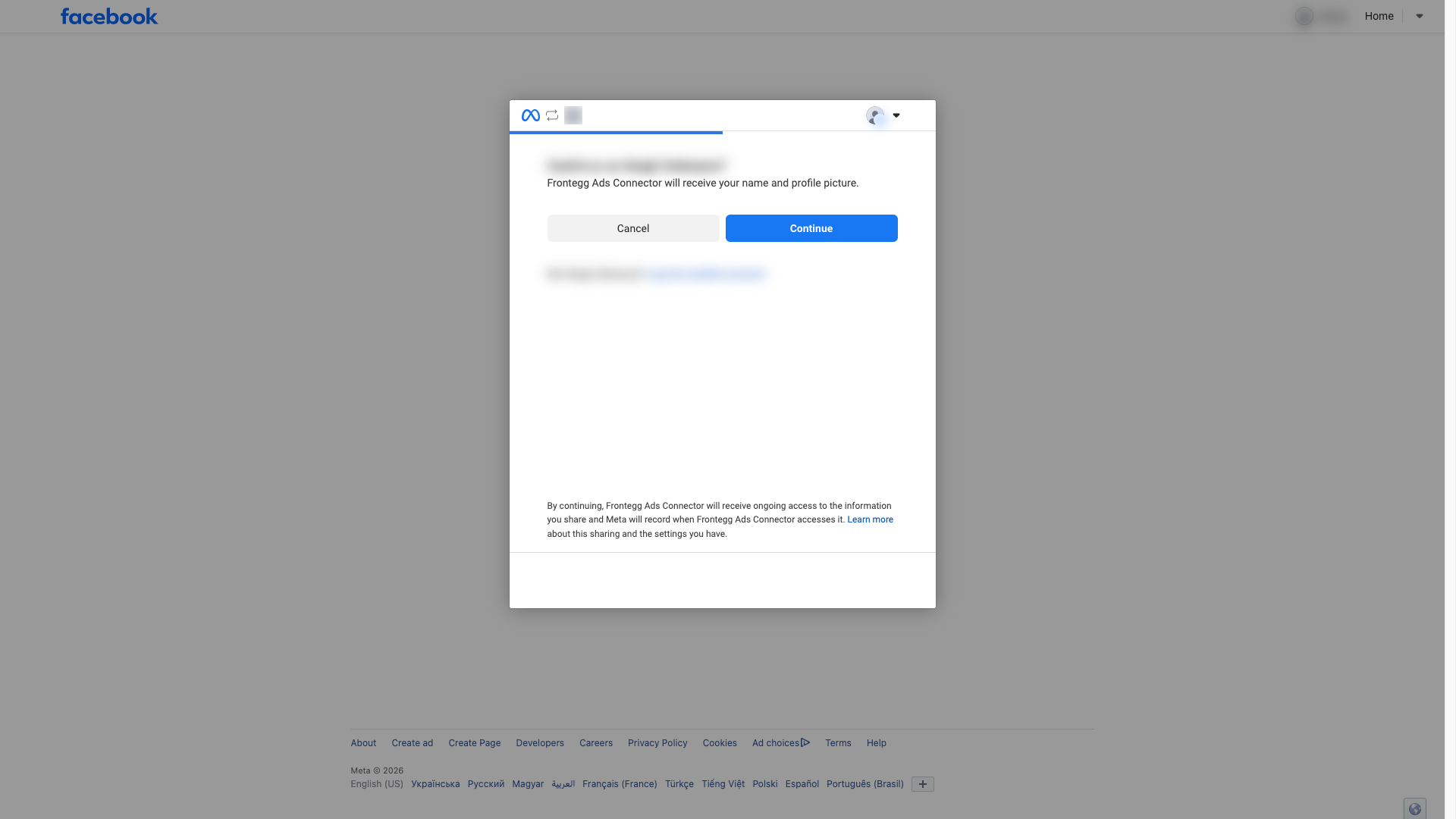 Meta OAuth consent screen for the Frontegg Ads Connector app