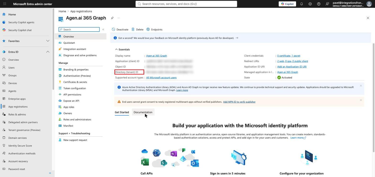 Microsoft Entra app Overview page showing the Application (client) ID and Directory (tenant) ID